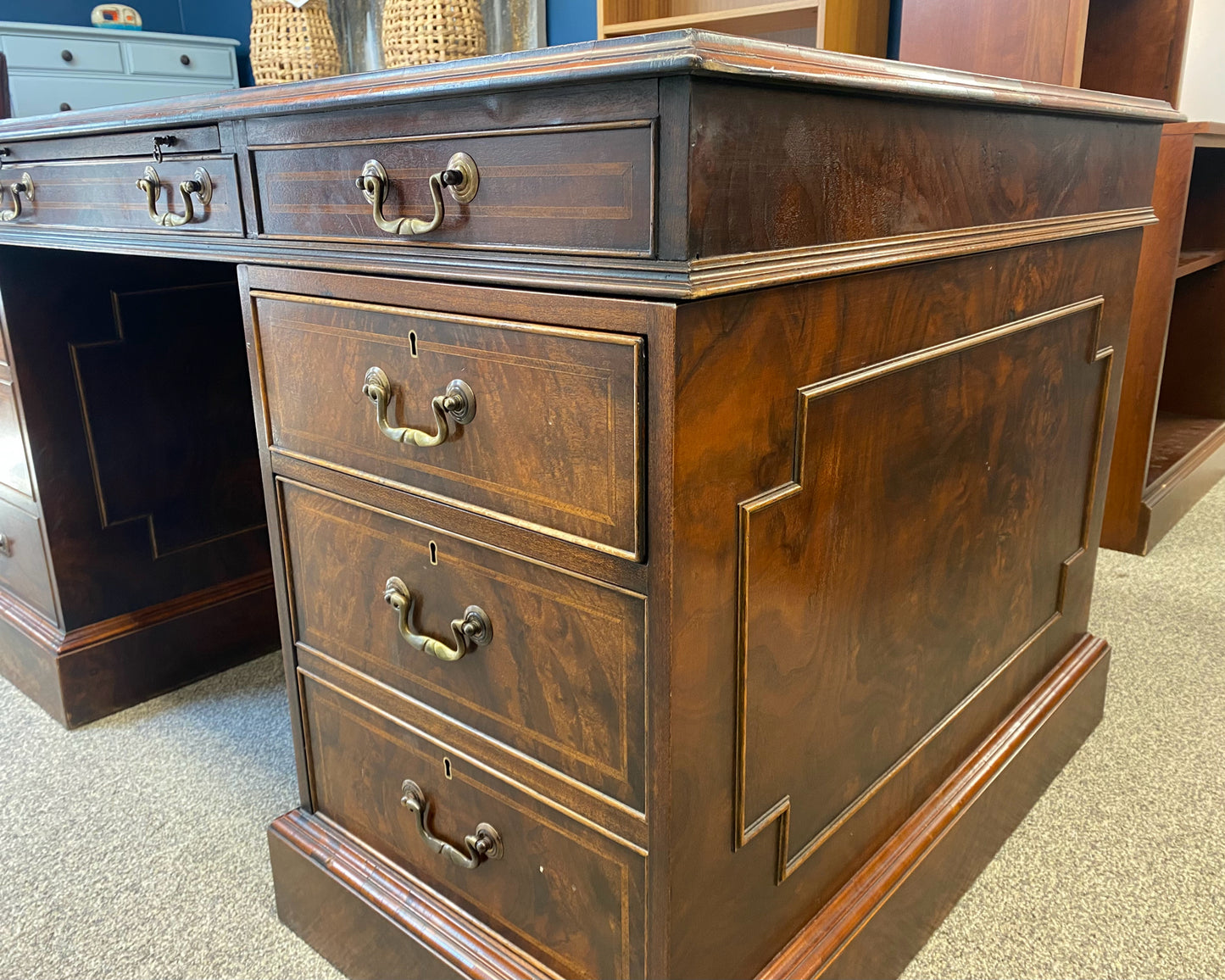 Mahogany Partners Desk with Tooled Brown Leather Top