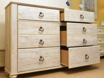 White Washed 6 Drawer Dresser with Metal Pulls