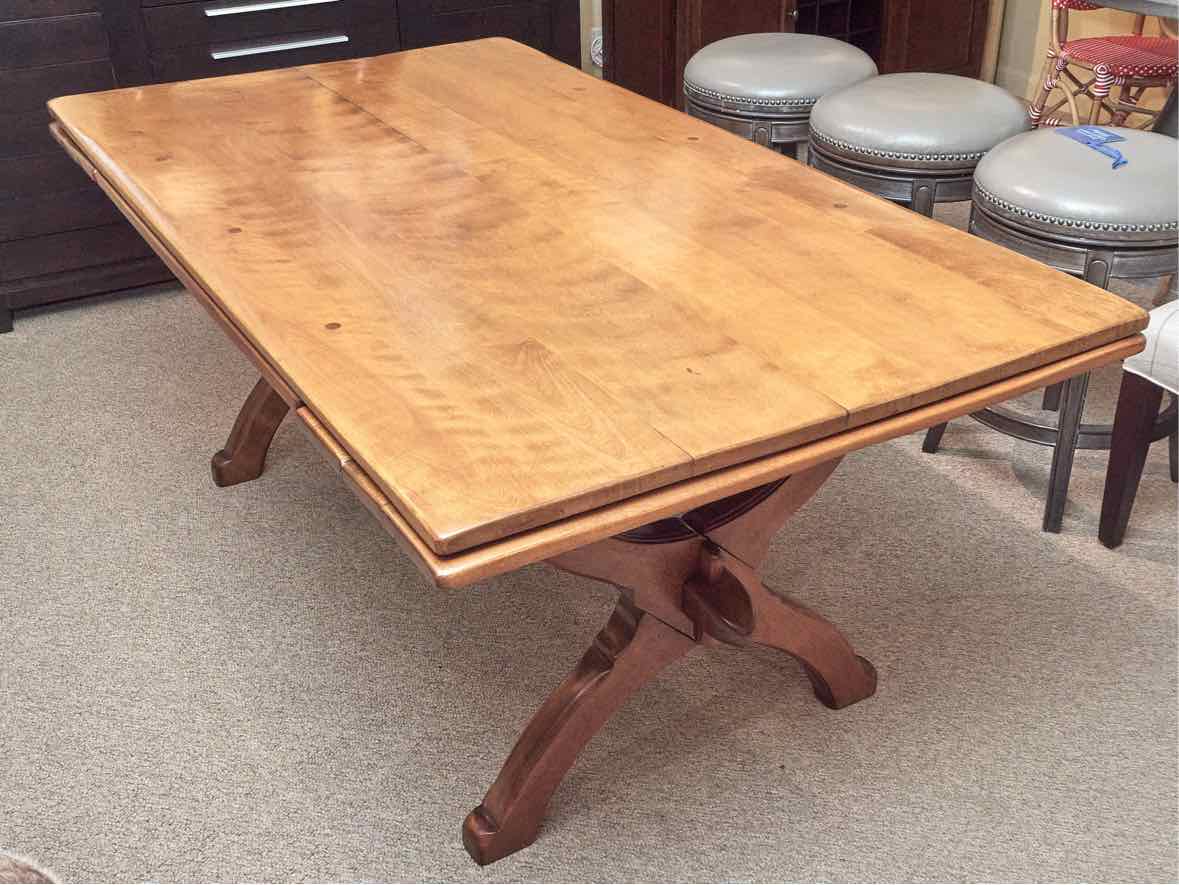 Maple Extension Dining Table With (2) Pull Out Leaves On Trestle Base