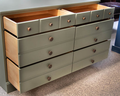 Six  Drawer Dresser In Sage Green Finish W/ Wood Knobs