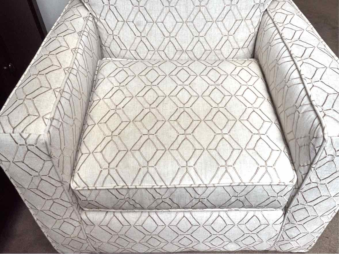Swivel Chair with Track Arm in Ivory & Beige Trellis Design Upholstery