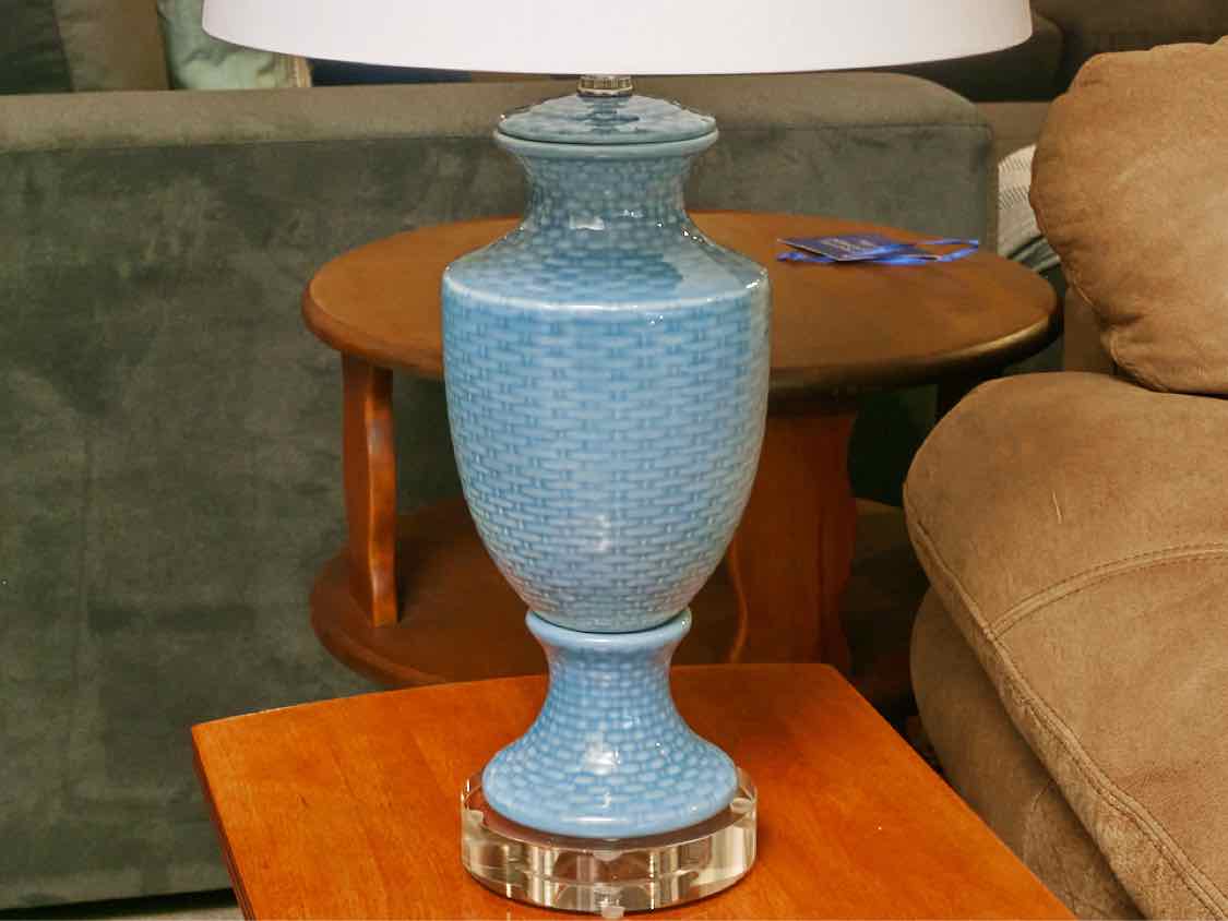 Porcelain Ice Blue Basket Off White Shade Table Lamp