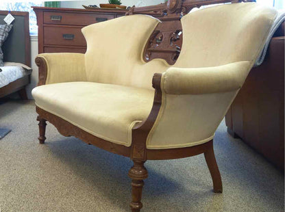 Vintage Rococo Revival Loveseat in Carved Walnut and Sand Velvet