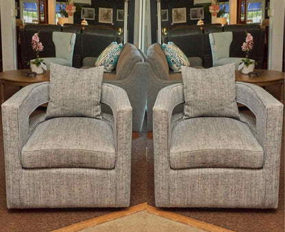 Pair of Swivel Contemporary  Sky Blue & Ivory Fleck Upholstered Chairs