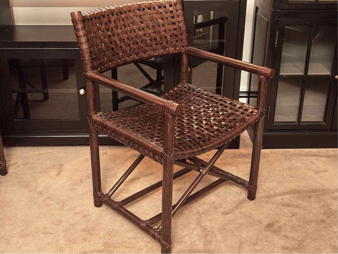 Pair of McGuire 'Antalya' Laced Rawhide In Dark Tobacca Finish Arm  Chairs