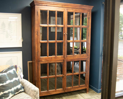 Rustic Wood Display Cabinet with Glass Pane Doors
