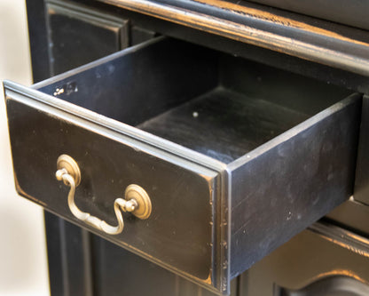 Canadel Black Distressed Corner Cabinet Featuring Glass Display Doors