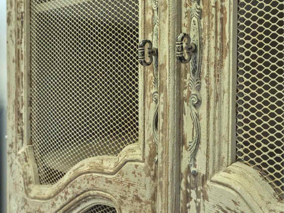 Rustic French Inspired Display Cabinets in Grey Finish with Wire Mesh Doors