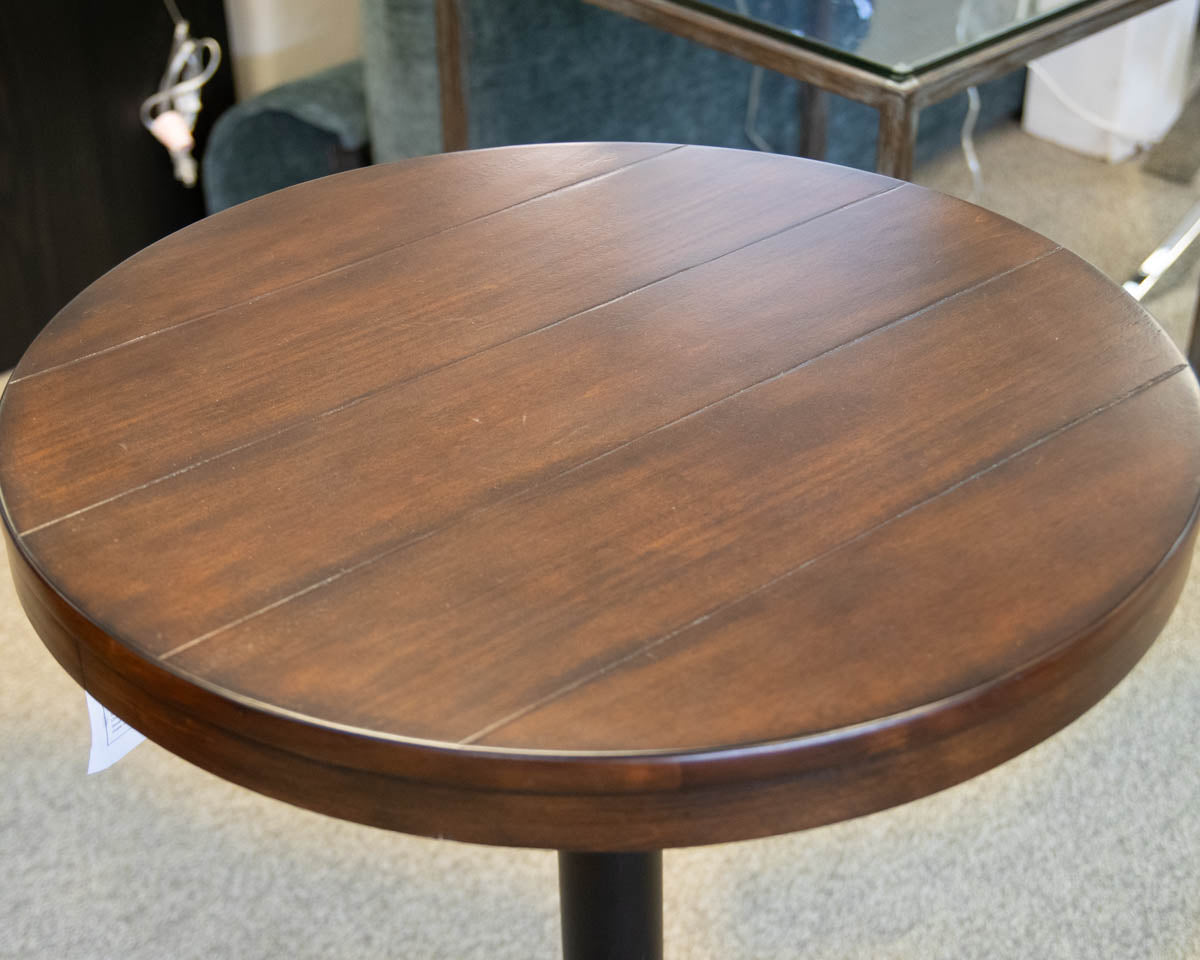 Williams Sonoma Plank Top Round Side Table on Black Metal Pedestal Base